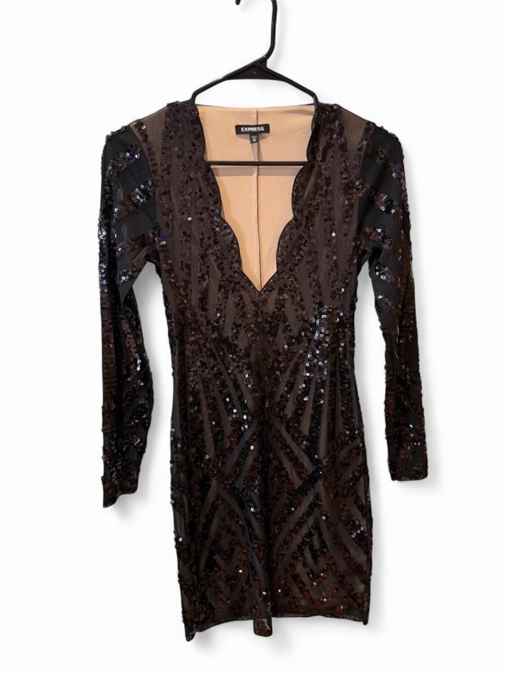 Express Black Sequin Long Sleeve Plunge Dress